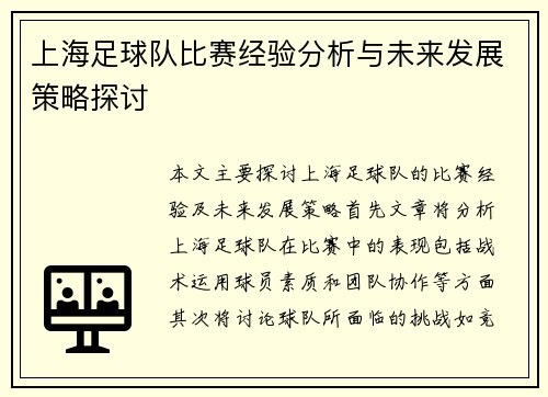 上海足球队比赛经验分析与未来发展策略探讨